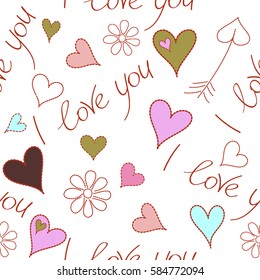 Valentines day art. Background vector seamless pattern with falling hearts and flowers in yellow, orange and pink colors. Seamless abstract background on a white.