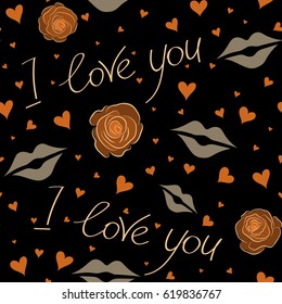 Valentines day art. Background vector seamless pattern with falling hearts, flowers in beige and orange colors. Seamless abstract background on a black.