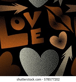 Valentine's day art. Seamless pattern abstract love elements in orange and yellow colors. Contain hearts, cupid's arrow, lipstick kisses and love word on a black backdrop.