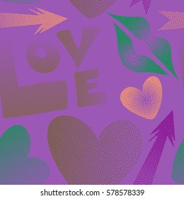 Valentine's day art. Seamless pattern abstract love elements in purple, brown and violet colors. Contain multicolored hearts, cupid's arrow, lipstick kisses and love word.