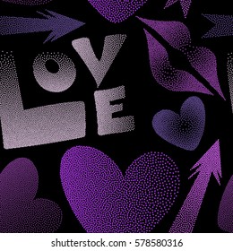 Valentine's day art. Seamless pattern abstract love elements in purple and violet colors. Contain hearts, cupid's arrow, lipstick kisses and love word on a black backdrop.