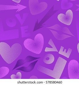 Valentine's day art. Seamless pattern abstract love elements in purple and violet colors. Contain multicolored hearts, cupid's arrow, lipstick kisses and love word.
