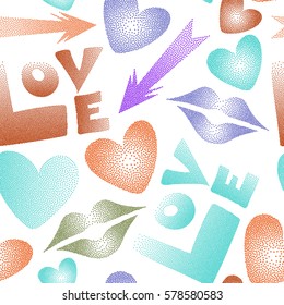 Valentine's day art. Seamless pattern abstract love elements in orange, green and violet colors. Contain hearts, cupid's arrow, lipstick kisses and love word on a white backdrop.