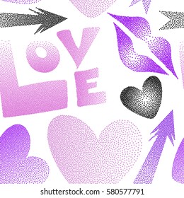 Valentine's day art. Seamless pattern abstract love elements in black and violet colors. Contain hearts, cupid's arrow, lipstick kisses and love word on a white backdrop.