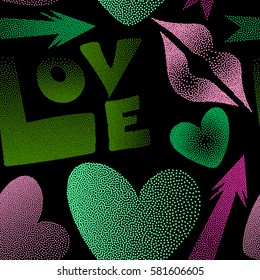 Valentine's day art. Seamless pattern abstract love elements in pink, magenta and green colors. Contain hearts, cupid's arrow, lipstick kisses and love word on a black backdrop.
