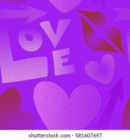 Valentine's day art. Seamless pattern abstract love elements in violet and pink colors. Contain multicolored hearts, cupid's arrow, lipstick kisses and love word.