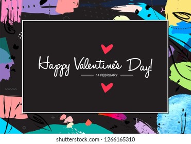 Valentine's day artistic hand drawn greeting card or background in trendy style. 
Doodle design and flat hipster graphic style template. Vector Illustration