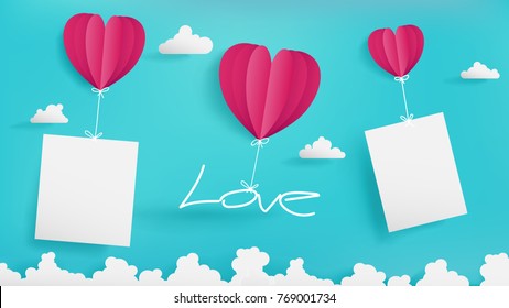 Valentine's Day artwork contain three balloons,blue sky background,one holding Love latter,two holding mock up of empty papers such as photo or short note is a model of it which is proper in that work