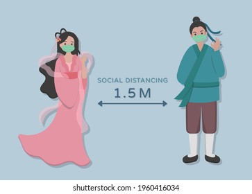 Valentine's Day in Asia, East and China: Tanabata, the Cowherd and the Weaver Girl Legend characters keep social distance, cartoon comic vector characters