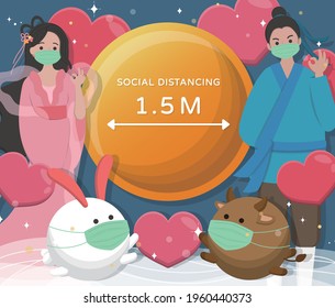 Valentine's Day in Asia, East and China: Tanabata, the Cowherd and the Weaver Girl Legend characters keep social distance, cartoon comic vector characters