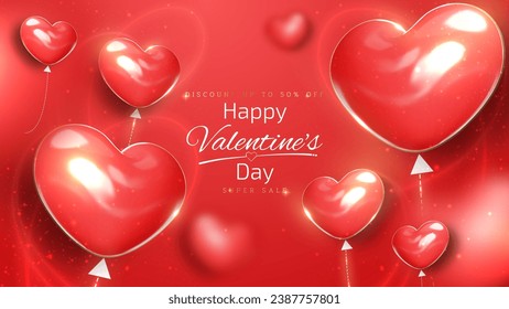 Valentine's Day backdrop with 3d cute pink heart elements on red luxury background with neon light effect and bokeh. Vector illustration.