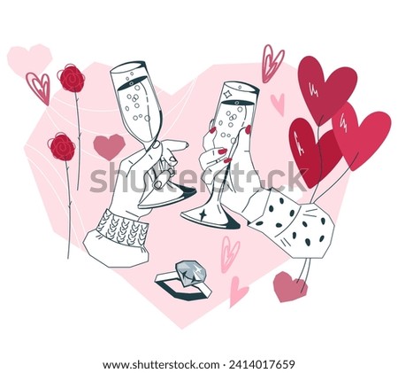 Valentine's Day backdrop with hands of dating couple raised in romantic toast with champagne. Hands of man and woman for Valentines cards and engagement topic, vector illustration isolated on white.