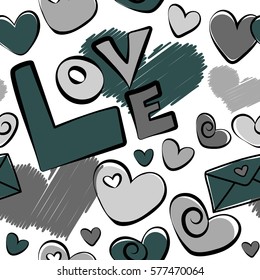 Valentines day backdrop. Tender vector seamless pattern with hearts and love text. Abstract seamless love pattern in blue and gray colors on a white.