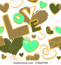Valentines day backdrop. Tender vector seamless pattern with hearts and love text. Abstract seamless love pattern in green and yellow colors on a white.