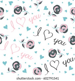 Valentines day backdrop. Tender vector seamless pattern with hearts, flower and love text. Abstract seamless love pattern in gray and blue colors on a white.