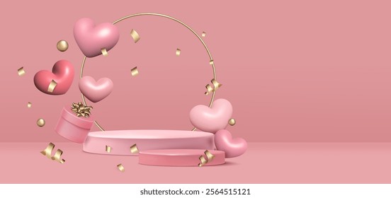 Valentines Day background. 3D banner wedding with heart. Love gift template card design. Mockup podium present. Gold, pink colors realistic decor. Product presentation. Vector render isolated elements