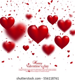Valentines day background. 3D bokeh effect red hearts and explosion particles. Greeting card. Vector illustration.