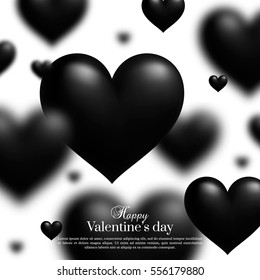 Valentines day background. 3D bokeh effect black hearts. Greeting card. Vector illustration. EPS 10.