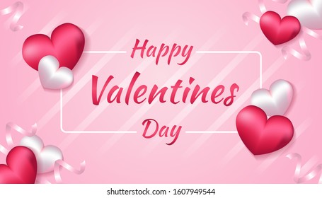Valentines Day Background with 3d heart shape and ribbon in pink and white color, applicable for invitation, greeting, celebration card vector illustration