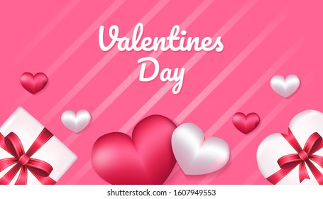 Valentines Day Background with 3d heart shape, ribbon and gift box in pink and white color, applicable for invitation, greeting, celebration card vector illustration