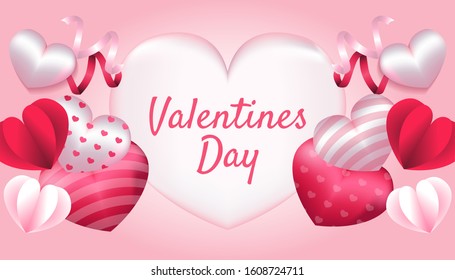 Valentines Day Background with 3d heart shape, paper love, and ribbon in pink and white color, applicable for invitation, greeting, celebration card vector illustration