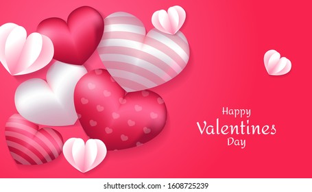 Valentines Day Background with 3d heart shape, paper love in pink and white color, applicable for invitation, greeting, celebration card vector illustration