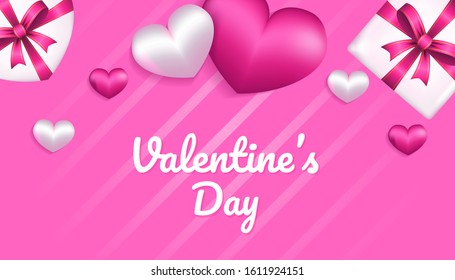 Valentines Day Background with 3d heart shape, ribbon and gift box in pink and white color, applicable for invitation, greeting, celebration card vector illustration