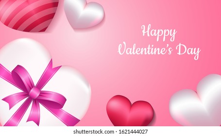 Valentines Day Background with 3d heart shape, love gift box in pink and white color, applicable for invitation, greeting, celebration card vector illustration