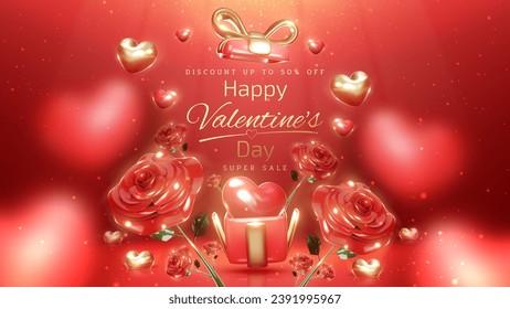 Valentine's day background with 3d heart in realistics gift box and beautiful rose elements and gold light effect and bokeh. Luxury red style backdrop. Vector illustration.