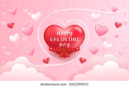 Valentine's Day Background with 3D Heart Shape Balloons and Cloud Vector Illustration.
Happy Valentine's Day Wallpaper, Flyers, Invitation, Posters, Brochure, Banners Design Template in Pink and red