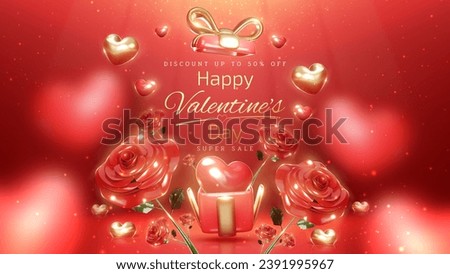 Valentine's day background with 3d heart in realistics gift box and beautiful rose elements and gold light effect and bokeh. Luxury red style backdrop. Vector illustration.