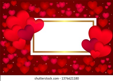 Valentine's Day background with 3d hearts on red. Vector illustration. Cute love banner or greeting card. Place for text