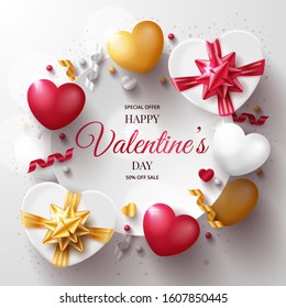 Valentine's day background with 3D hearts, and gift box. Vector illustration