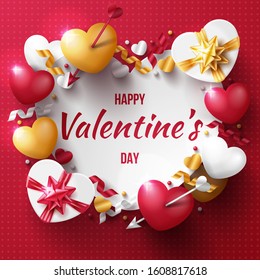 Valentine's day background with 3D hearts, love arrow and gift box. Vector illustration