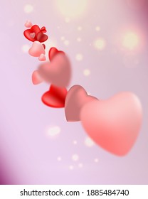 Valentine's day background with 3d hearts on a transparent background. Vector illustration. Cute love banner or greeting card. Place for text