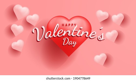 Valentine's Day background with 3d hearts on pink. Vector illustration. Cute love banner or greeting card. 
