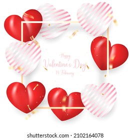 Valentines Day background with 3d hearts on white background.