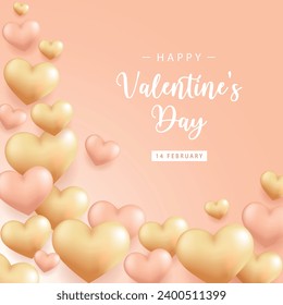 Antecedentes del Día de San Valentín con corazones 3d sobre pastel rosa. Banner de ilustración de vector o tarjeta de saludo