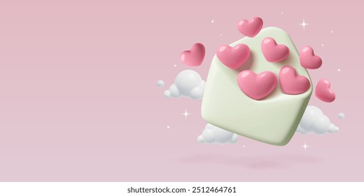 Fondo del día de San Valentín con corazones 3d volando fuera del sobre en el cielo rosado con nubes. Ilustración romántica de Vector realista tridimensional con espacio de copia. 