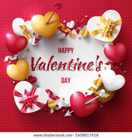 Valentine's day background with 3D hearts, love arrow and gift box. Vector illustration