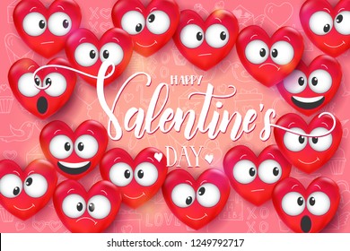 Valentines day background with 3d Love Emoji on pink pattern with hand drawn love line art symbols. Heart funny collection. Hand made Lettering - Happy Valentine's Day. Vector. 