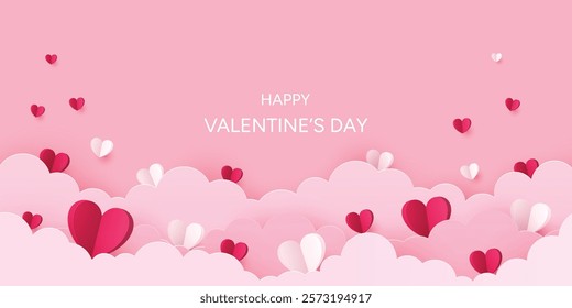 Valentine's Day background with 3d paper hearts floating amidst soft pink clouds. Cute paper art for sale banner, card.