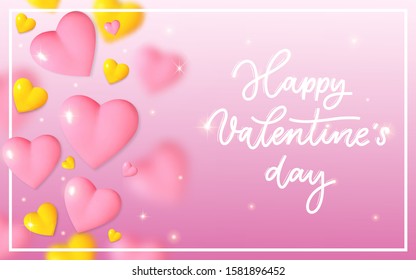Valentines Day background with 3d pink and yellow  hearts and text. Holiday card illustration on pink background.