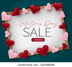 Valentines Day background with 3d pink and red hearts on whiteboard in wooden frame. Love background design concept. Romantic invitation or sale offer promo. Vector illustration.