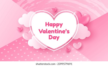 Valentine's Day background with 3D pink hearts, clouds and white heart frame. Cute illustration for love sale banner or greeting card.