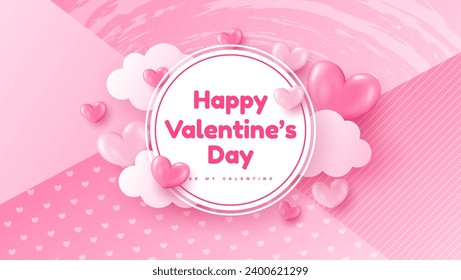 Valentine's Day background with 3D pink hearts, clouds and white circle frame. Cute illustration for love sale banner or greeting card.