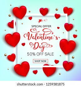 Valentines Day Background with 3D Realistic Red Hearts and Typography Text in Blue Background. Vector Illustration