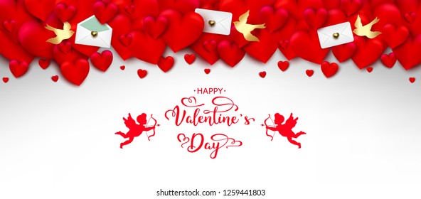 Valentines Day Background with 3D Realistic Red Hearts, Hand Lettering, Letters, Envelopes And Birds Cupids On Black Background. Vector Illustration