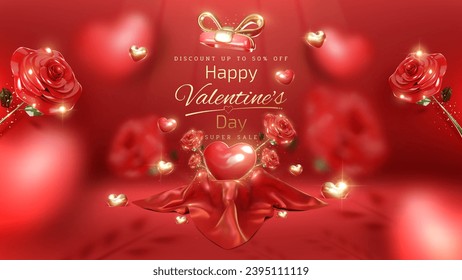 Valentine's day background with 3d realistic cute heart placed on red silk with rose elements and gold ribbon with glitter light effects decorations and bokeh. Vector illustration.