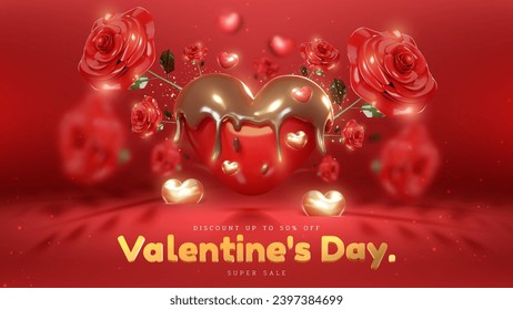 Valentine's Day background with 3D realistic cute hearts covered in chocolate and decorated with roses and gold ribbons. Vector illustration.